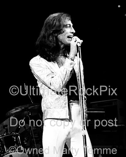 Photo of Robin Gibb of The Bee Gees in concert in 1979 by Marty Temme
