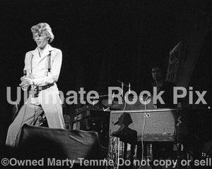 Black and white photo of David Bowie and Tony Kaye in concert in 1974 by Marty Temme