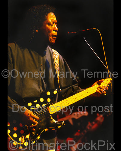 Photo of Buddy Guy playing a polkadot Fender Stratocaster in concert by Marty Temme
