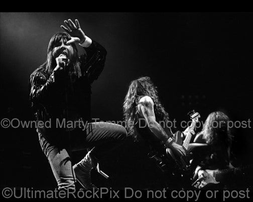 Black and white photo of Bruce Dickinson of Iron Maiden singing in concert in 1991 by Marty Temme