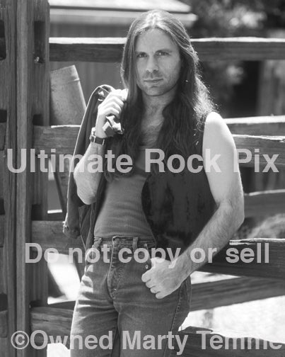 Black and white photo of Bruce Dickinson of Iron Maiden during a location photo shoot in 1994 by Marty Temme