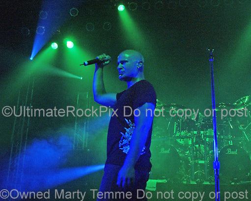 Photo of vocalist David Draiman of Disturbed in concert by Marty Temme