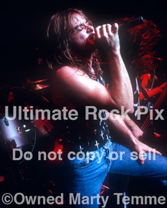 Photo of Eric "A.K." Knutson of Flotsam and Jetsam in concert in 1988 by Marty Temme