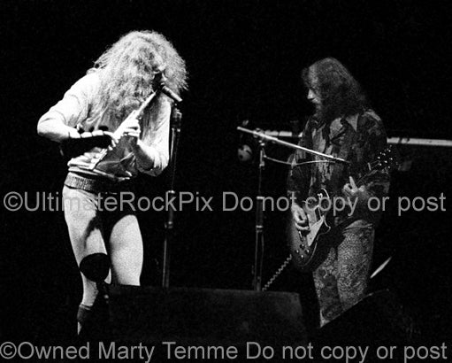 Black and white photo of Ian Anderson and Martin Barre of Jethro Tull in 1973 by Marty Temme