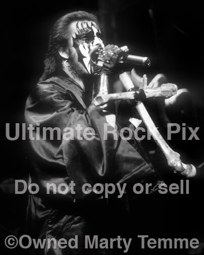 Black and white photo of King Diamond in concert in 1988 by Marty Temme