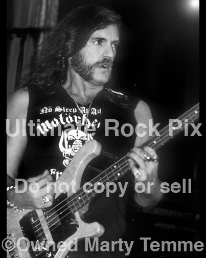 Black and white photo of Lemmy Kilmister of Motorhead in concert in 1990 by Marty Temme