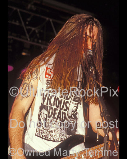 Photo of bass player Rex Brown of Pantera onstage in 1994 by Marty Temme
