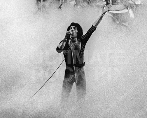 Black and white photo of Freddie Mercury of Queen in concert in 1975 by Marty Temme