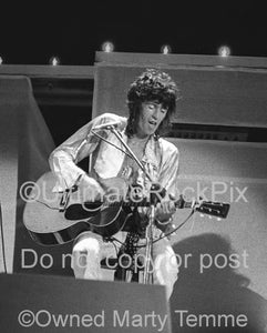 Black and White Photo of Keith Richards of The Rolling Stones Playing a Martin Guitar in Concert in 1973 by Marty Temme