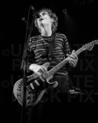 Black and white photo of Billy Corgan of Smashing Pumpkins in concert in 1994 by Marty Temme