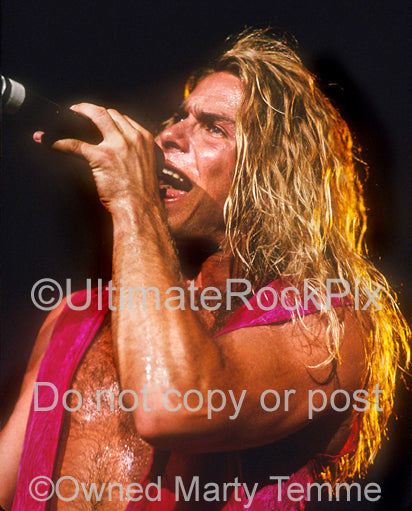Photo of vocalist Mike Tramp of White Lion in concert in 1989 by Marty Temme