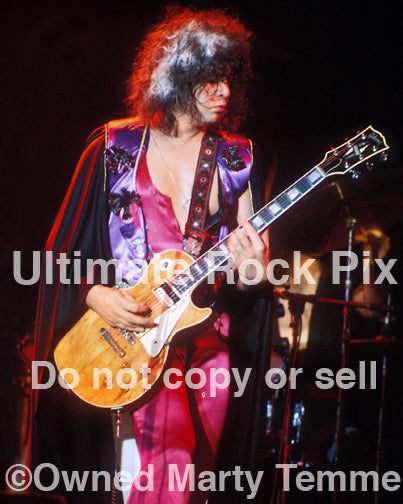 Photo of vocalist Marc Bolan of T. Rex in concert in 1973 by Marty Temme