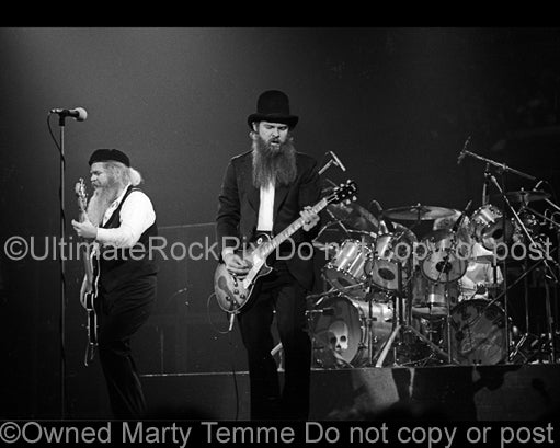 Photo of Billy Gibbons, Dusty Hill and Frank Beard of ZZ Top in concert in 1979 by Marty Temme