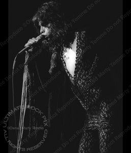 Black and white photo of Steven Tyler of Aerosmith in 1974 by Marty Temme