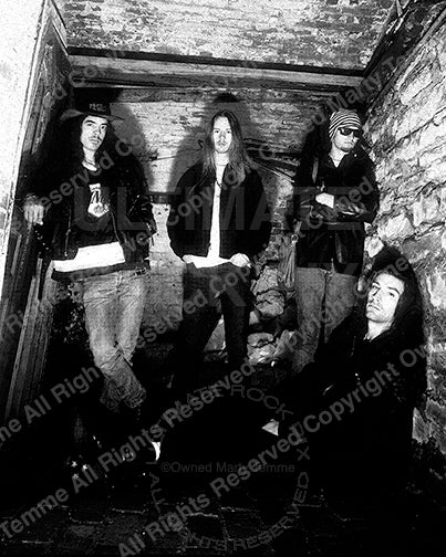 Black and white photo of Alice in Chains in 1993 in the Seattle Underground by Marty Temme