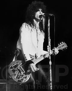 Black and white photo of Dean Davidson of Britny Fox in concert in 1989 by Marty Temme