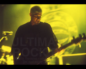 Photo of Christian Olde Wolbers of Fear Factory in concert in 1998 by Marty Temme