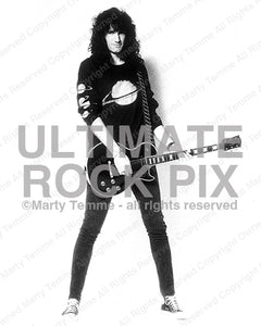 Black and white photo of Bruce Kulick of Kiss with his Les Paul during a photo shoot in 1993 by Marty Temme