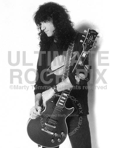 Black and white photo of Bruce Kulick of Kiss during a photo shoot in 1993 by Marty Temme