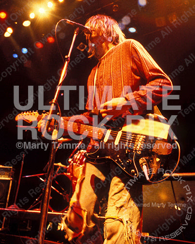 Photo of Kurt Cobain of Nirvana performing onstage in 1991<br>in Hollywood, California by Marty Temme