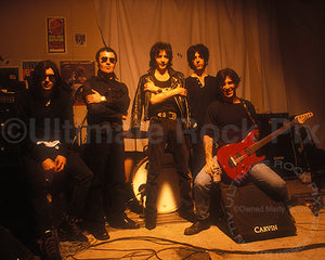 Photo of Kelly Nickels, Mick Cripps, Phil Lewis, Steve Riley and Tracii Guns of L.A. Guns during a photo shoot in 1995 by Marty Temme