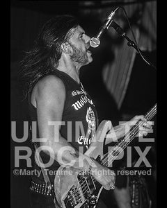 Black and white photo of Lemmy Kilmister of Motorhead in concert in 1990 by Marty Temme