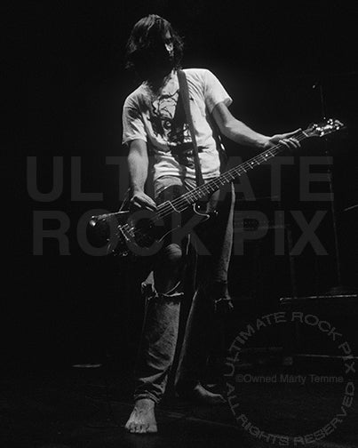 Black and white photo of Krist Novaselic of Nirvana in 1991 by Marty Temme