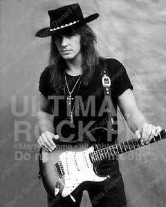 Black and white photo of Richie Sambora with a Stratocaster during a photo shoot in 1991 by Marty Temme