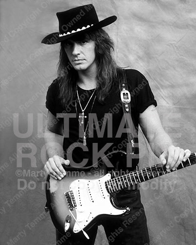 Black and white photo of Richie Sambora with a Stratocaster during a photo shoot in 1991 by Marty Temme