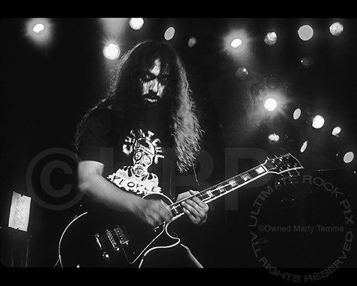 Black and white photo of Kim Thayil playing a Les Paul in 1990 by Marty Temme