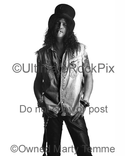 Black and white photo of Slash of Guns N' Roses during a photo shoot in 2000 by Marty Temme