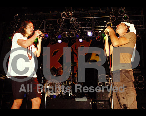 Photo of Chris Cornell and Eddie Vedder of Temple of the Dog
onstage in 1991 by Marty Temme