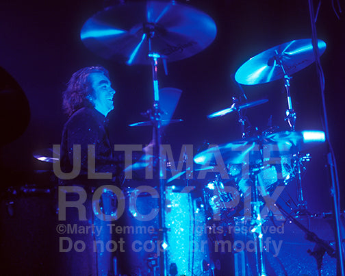 Photo of drummer Michael Lee of Thin Lizzy and Page and Plant by Marty Temme