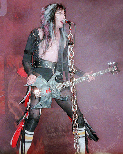 Photo of Blackie Lawless of W.A.S.P. performing in concert in 1985 by Marty Temme