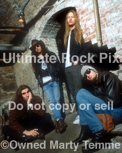 Photo of Alice in Chains during a photo shoot in 1993 in the Seattle Underground by Marty Temme