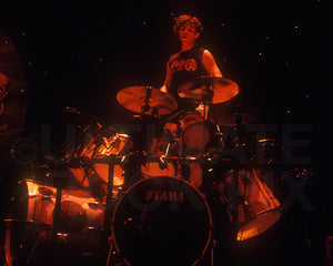 Photo of drummer Charlie Benante of Anthrax in concert in 1991 by Marty Temme