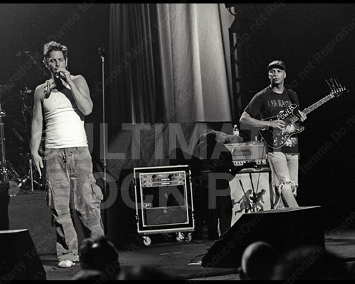 Black and white photo of Chris Cornell and Tom Morello of Audioslave in concert by Marty Temme