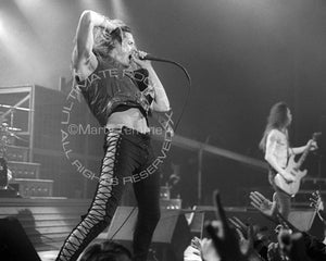 Black and white photo of Sebastian Bach of Skid Row in concert in 1991 by Marty Temme