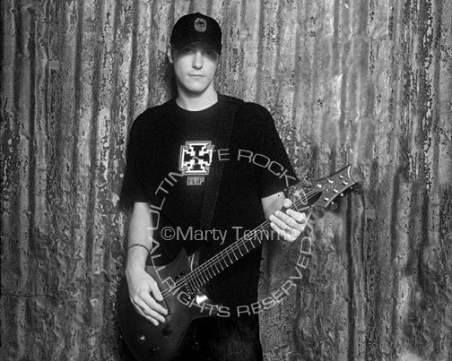 Black and white photo of Benjamin Burnley of Breaking Benjamin during a photo shoot by Marty Temme