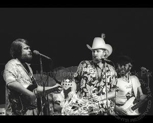Photo of Mike Love and Carl Wilson of The Beach Boys in concert in 1978 by Marty Temme