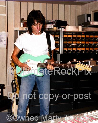Photos of Jeff Beck Playing a Seafoam Green Stratocaster in the Recording Studio by Marty Temme