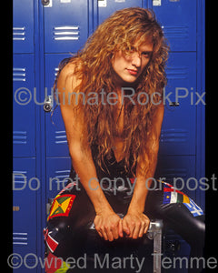 Photo of drummer Blas Elias of Slaughter during a photo shoot in 1990 by Marty Temme
