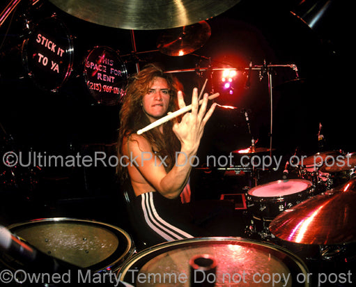 Photo of drummer Blas Elias of Slaughter onstage in Detroit in 1990 by Marty Temme