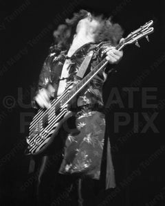 Black and White Photo of Geezer Butler of Black Sabbath in concert in 1978 by Marty Temme