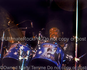 Photo of drummer Buddy Miles of Jimi Hendrix and Electric Flag in 1972 by Marty Temme