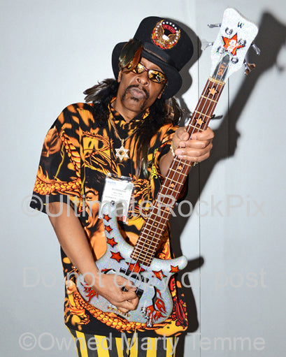 Photo of bass player Bootsy Collins during a photo shoot in 2012 by Marty Temme