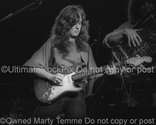 Black and White Photo of Guitar Player Bonnie Raitt Playing Slide on Her Fender Stratocaster in Concert in 1980 by Marty Temme