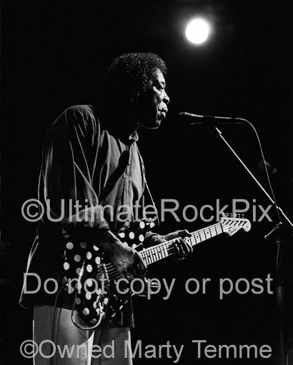 Black and White Photos of Blues Guitar Player Buddy Guy Playing a Fender Stratocaster in Concert by Marty Temme