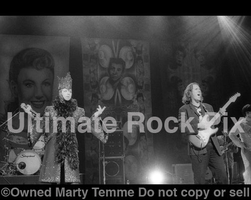 Black and white photo of Boy George and Roy Hay of Culture Club in concert in 1999 by Marty Temme