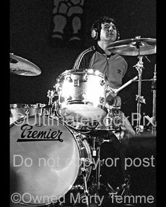 Photo of drummer Clem Burke of Blondie in concert in 2002 by Marty Temme